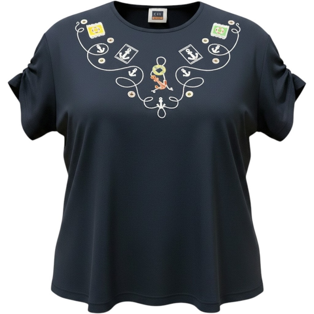 Vintage Nautical Anchor Embroidered Navy Blue Short Sleeve‎ Top Coastal XL